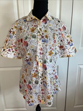 Georg Roth White Floral Garden Button-Up Short Puff Sleeve Blouse Cotton Small